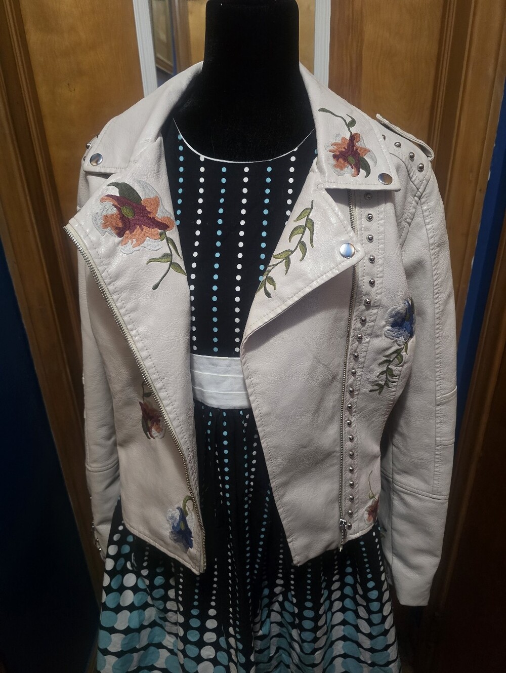 Embroidered White Leather Moto Jacket - Floral Stud Detail